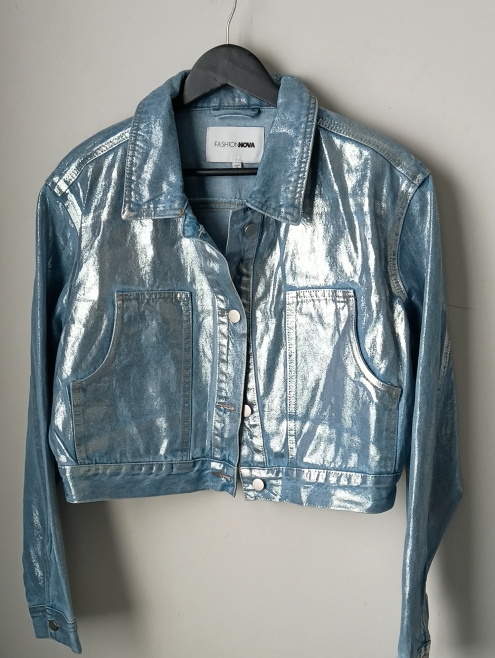 Fashion Nova Metallic Sky Blue Cropped Jean Jacket
